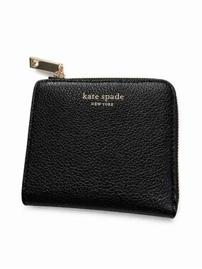kate spade Black Pebbled Leather Zip-Around Coin Wallet with Gold Logo